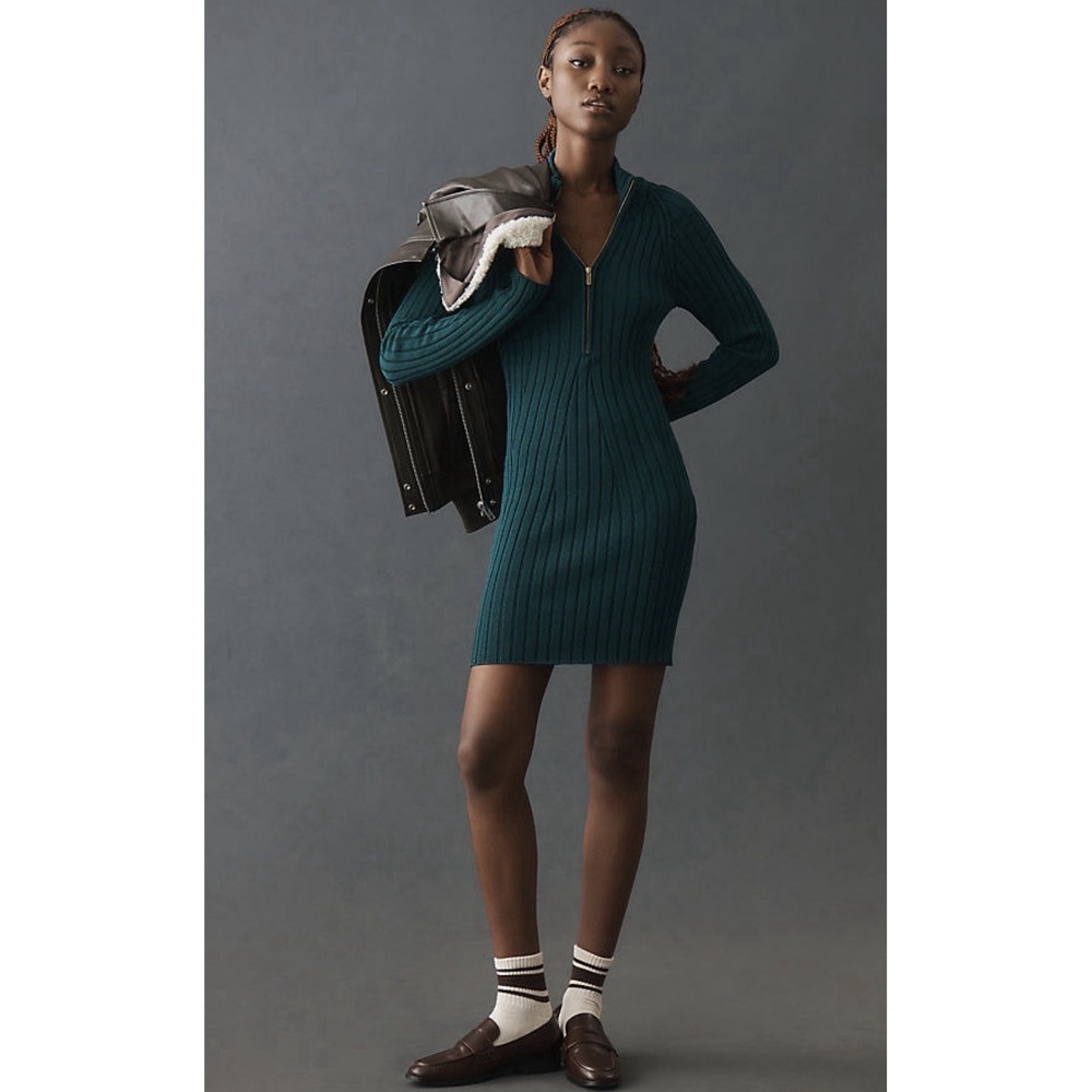 Pilcro Anthropologie Women's Green Quarter-Zip Sweater Dress Ribbed Size XS $128